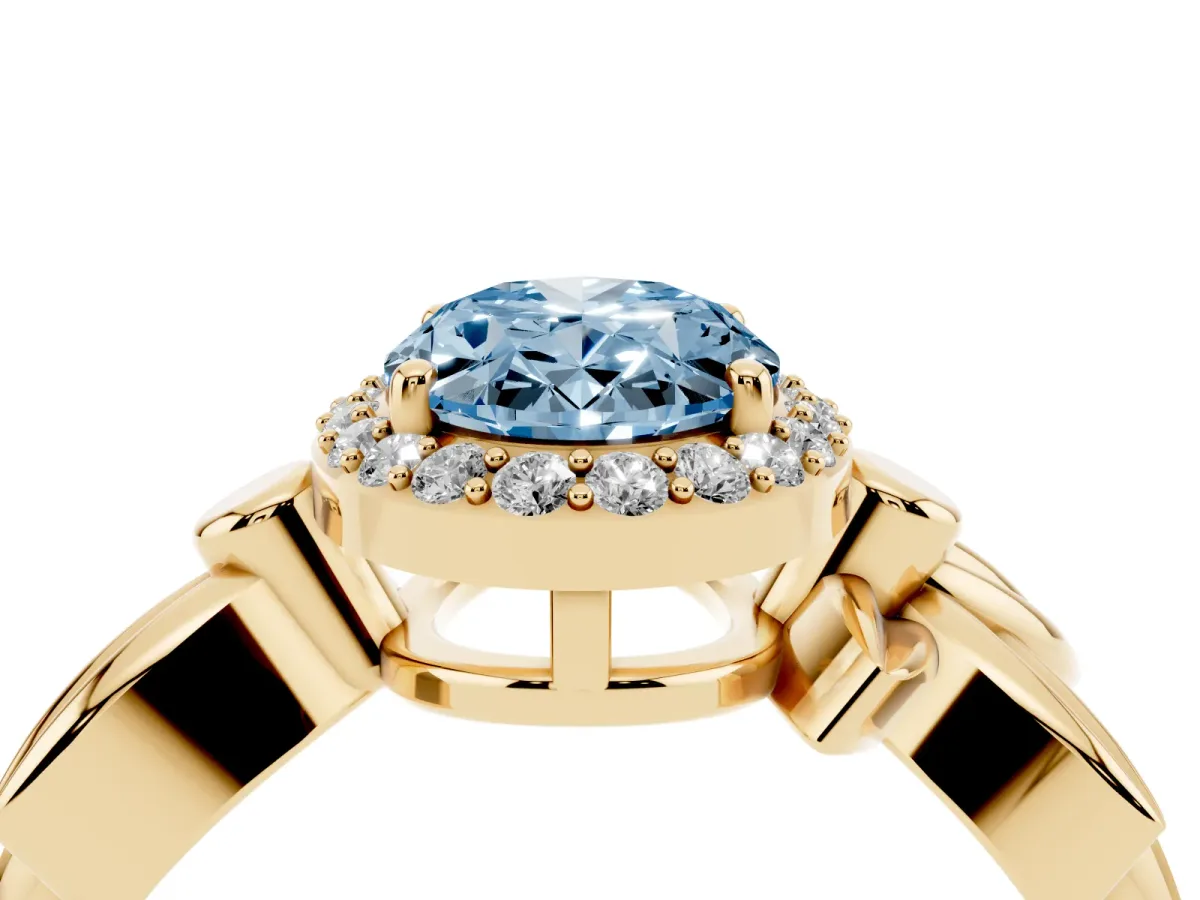 Fancy Blue Oval Cut Halo Diamond Floral Band with Four-Prong Setting Yellow gold
