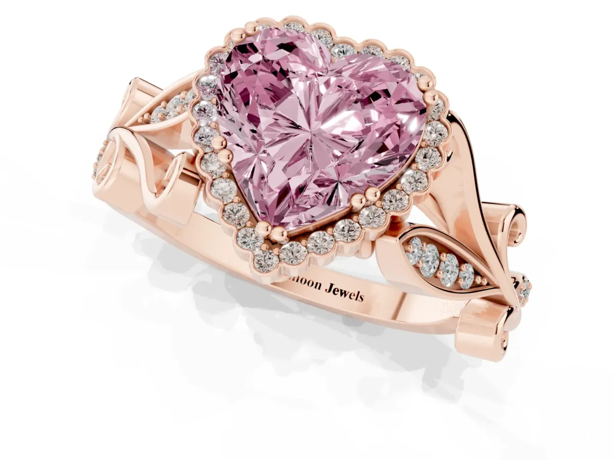 Fancy Pink Heart Cut Diamond Halo Ring with Vintage Split Shank and Four-Prong Setting Rose gold