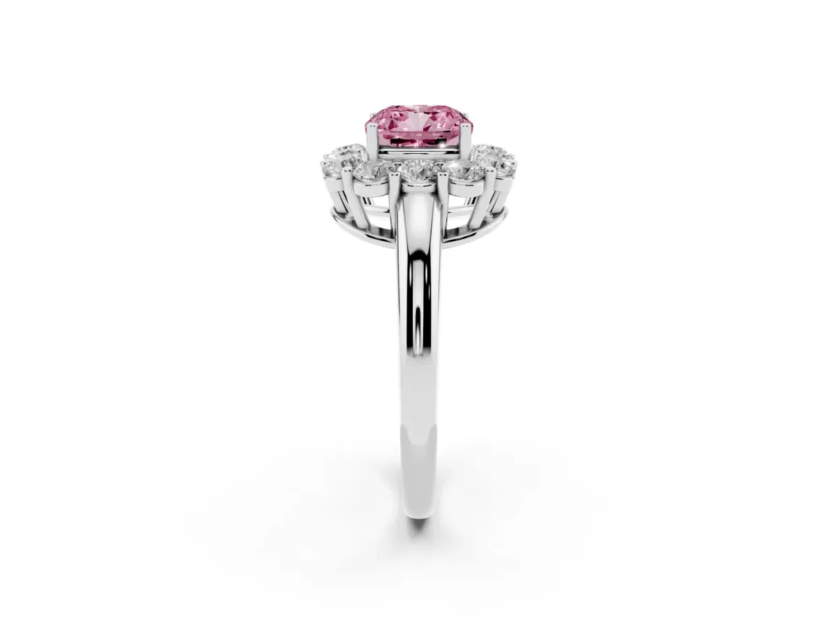 Fancy Pink Cushion Cut Halo Cluster Diamond Engagement Ring with Prong Setting and Polished Band Platinum