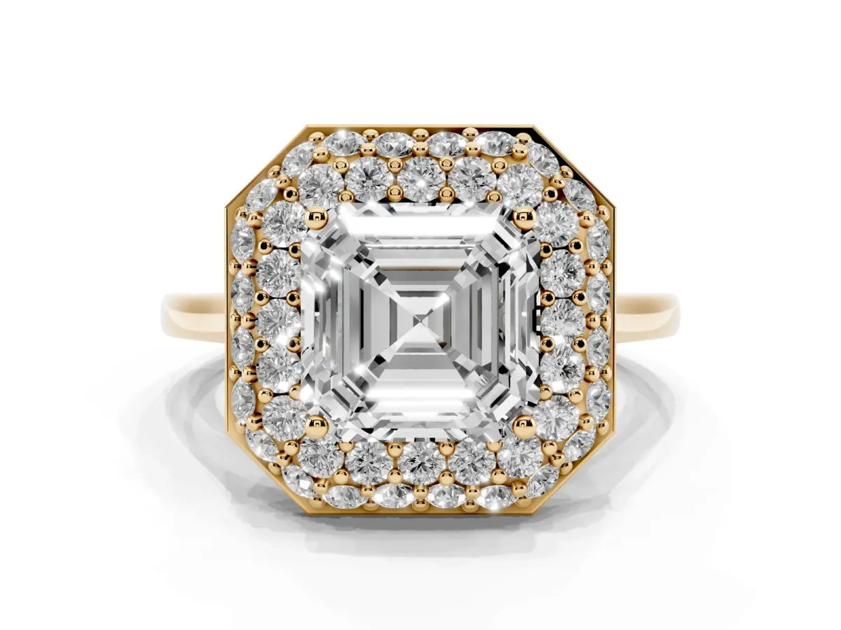 Asscher Cut Halo Diamond Engagement Ring with Solitaire Band and Four-Prong Setting Yellow gold