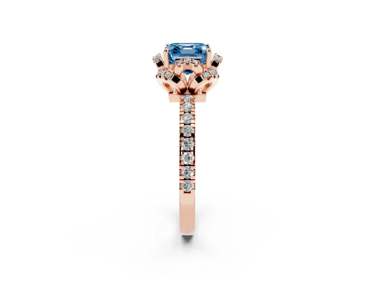 Fancy Blue Asscher Cut Diamond Halo Pave Band with Four-Prong Setting Rose gold