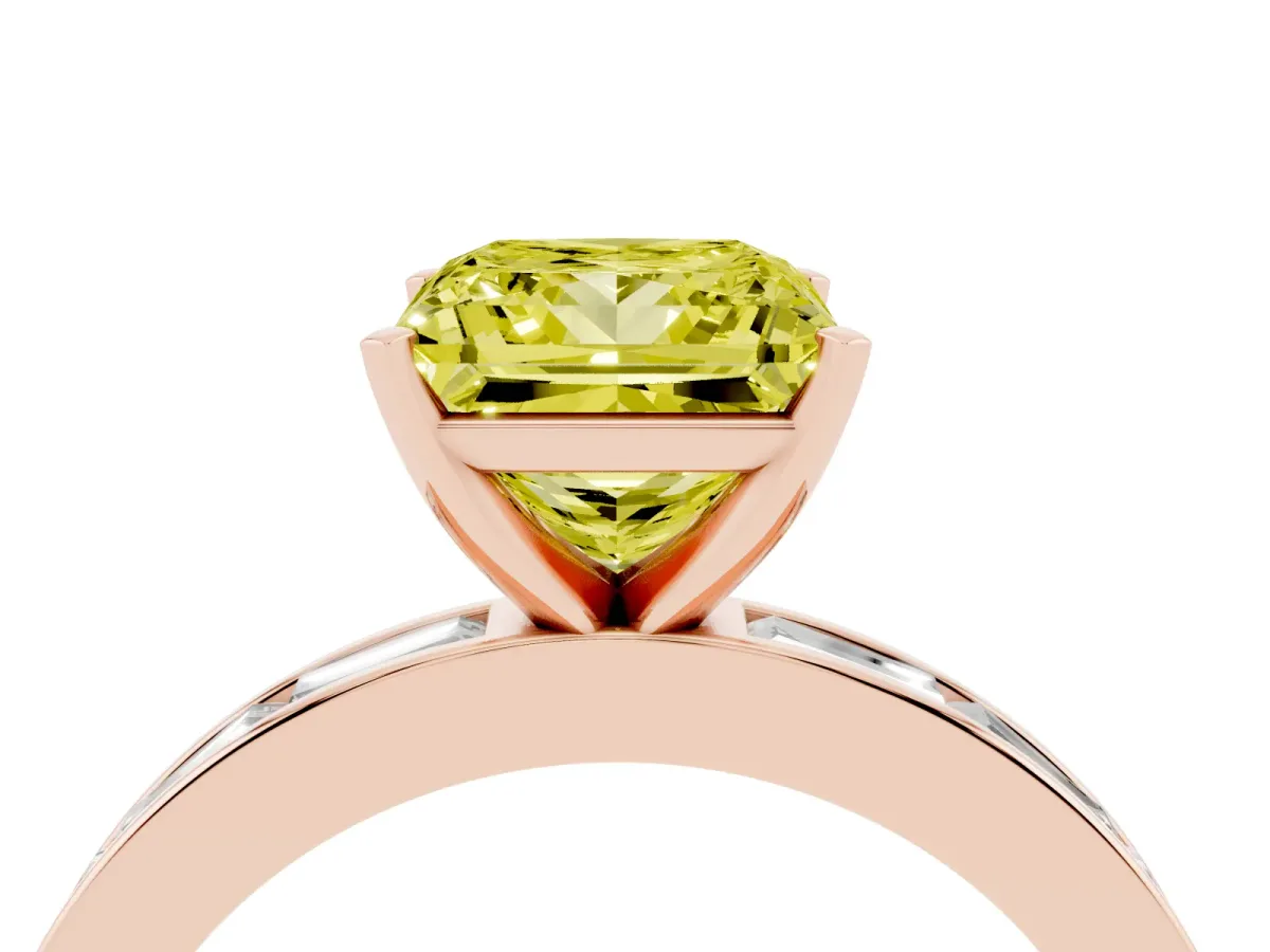 Fancy Yellow Princess Cut Solitaire Diamond Ring with Channel-Set Baguette Band and Four-Prong Setting Rose gold