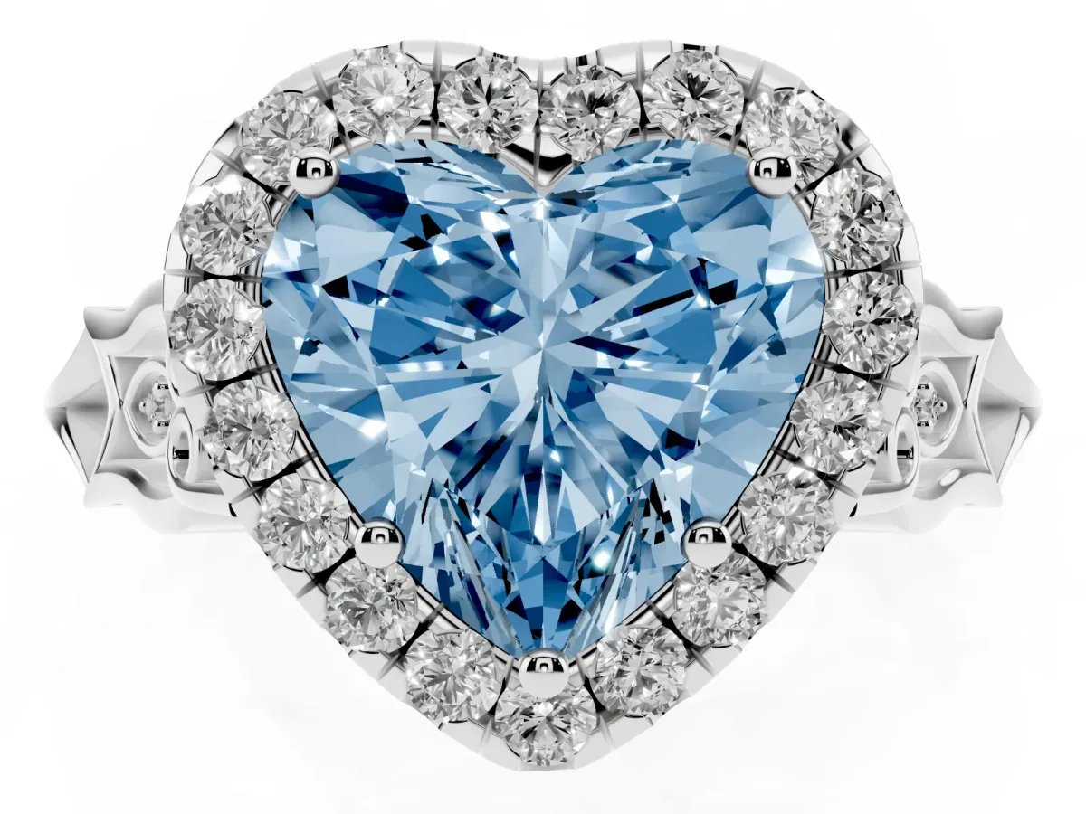 Fancy Blue Heart Cut Halo Diamond Engagement Ring with Filigree Band and Four-Prong Setting Silver