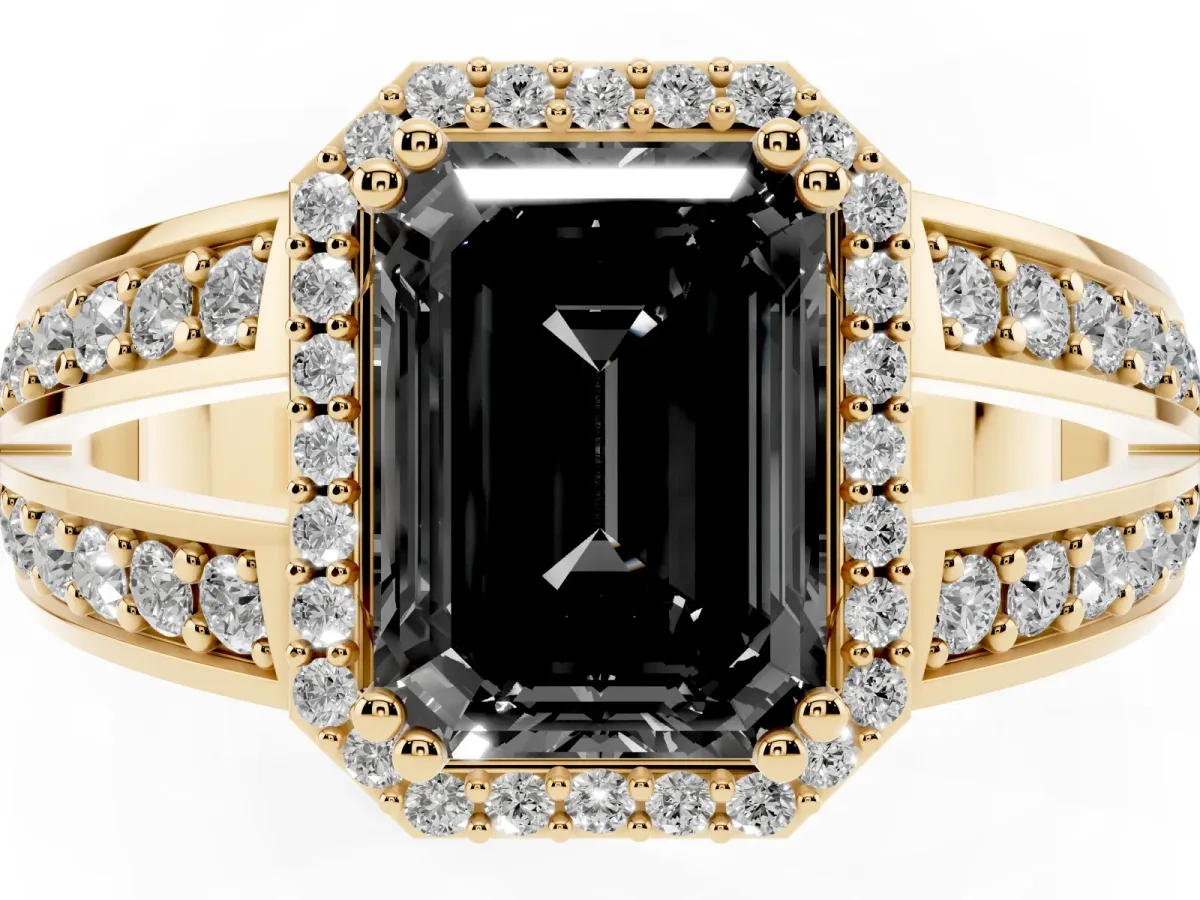 Fancy Black Emerald Cut Diamond Halo Ring with Split Shank Pavé Band and Four-Prong Setting Yellow gold