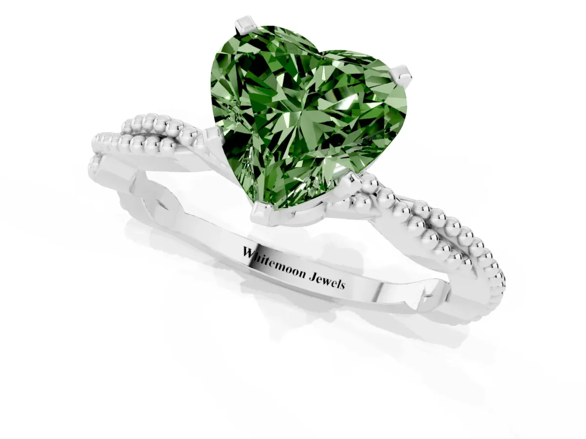 Fancy Green Heart Cut Solitaire Twisted Band with Bead Prong Setting Silver