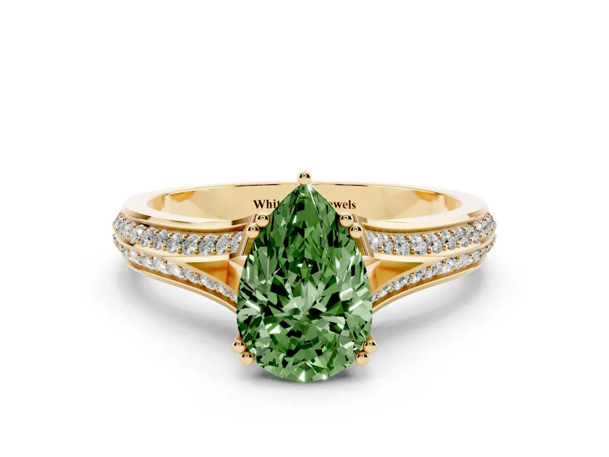 Fancy Green Pear Cut Diamond Split Shank Engagement Ring with Pavé Band Yellow gold