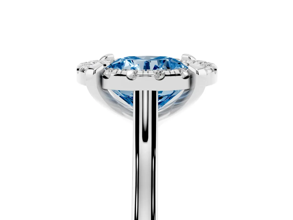 Fancy Blue Round Cut Diamond Cluster Halo Solitaire with Four-Prong Setting Platinum
