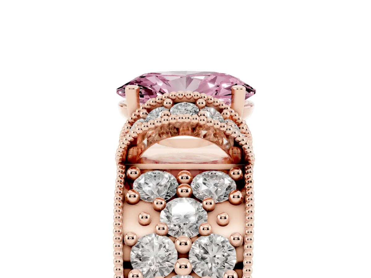 Fancy Pink Oval Cut Halo Pave Diamond Engagement Ring with Milgrain Detailing Rose gold