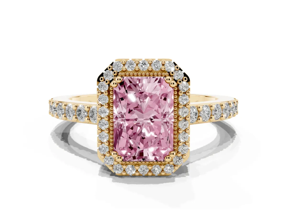 Fancy Pink Radiant Cut Cut Diamond Halo Engagement Ring with Milgrain Detail and Pavé Band Yellow gold
