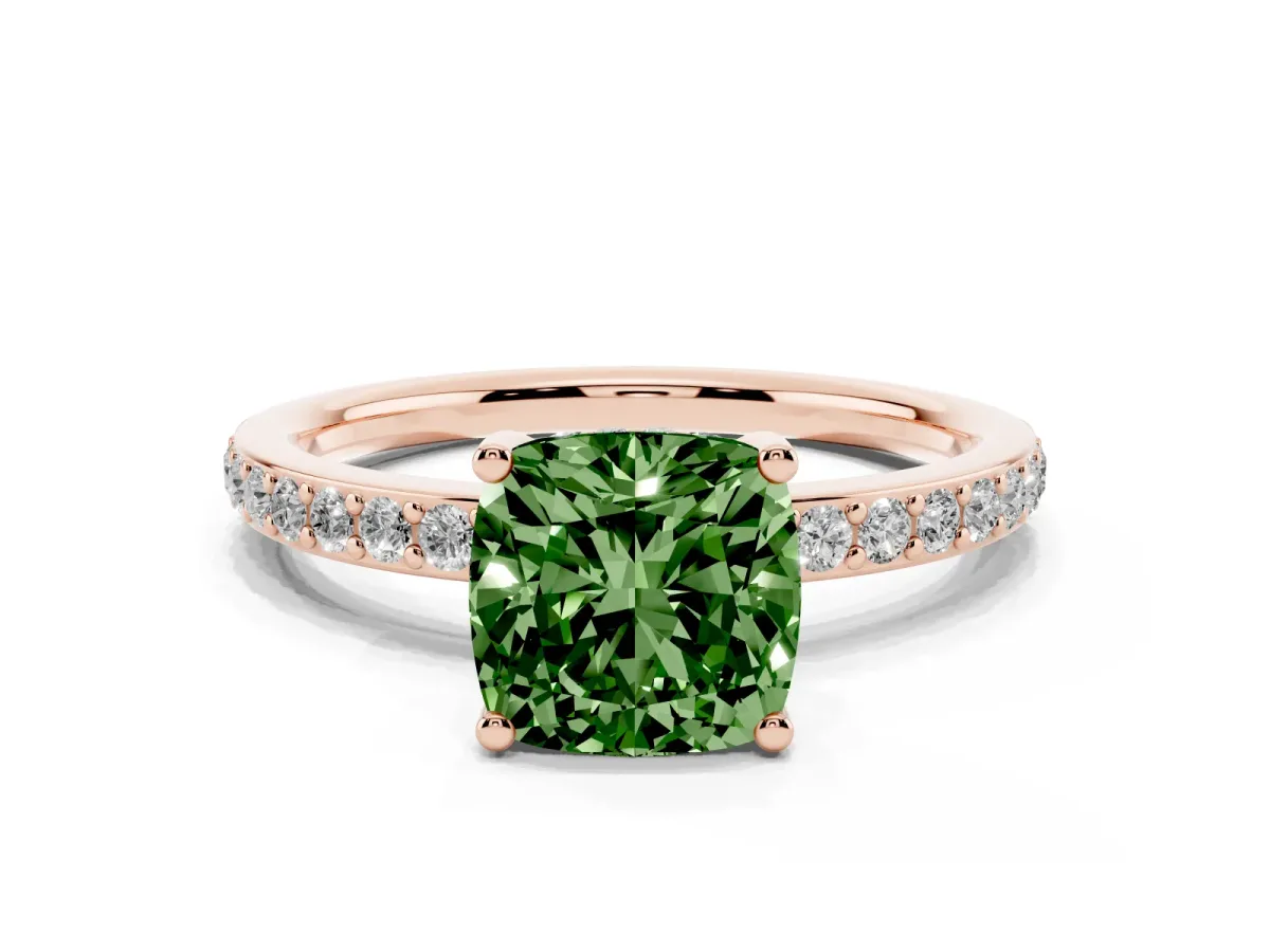 Fancy Green Cushion Cut Cut Diamond Pavé Band Ring with Four-Prong Setting Rose gold