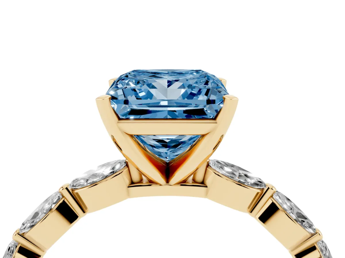 Fancy Blue Princess Cut Diamond Ring with Marquise Side Stones and Prong Setting Yellow gold