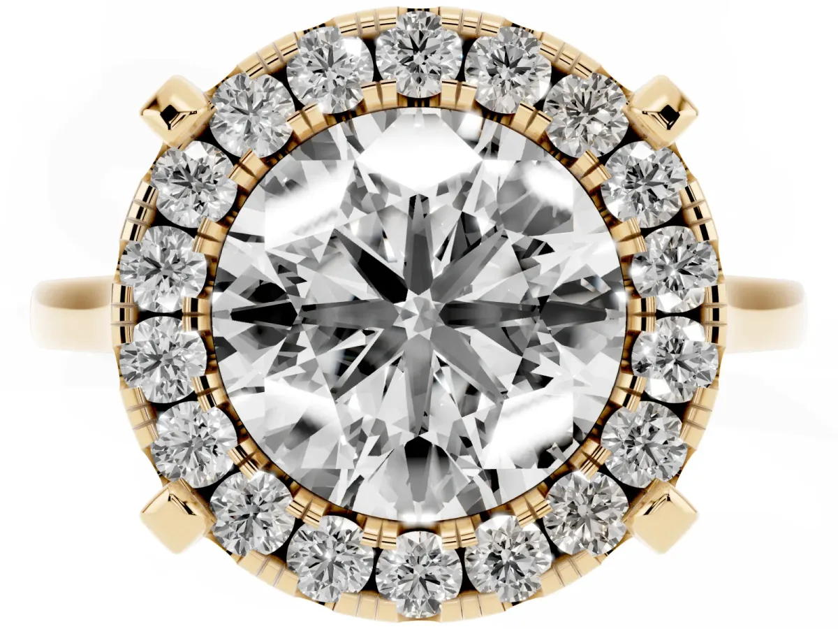 Round Cut Diamond Cluster Halo Solitaire with Four-Prong Setting Yellow gold