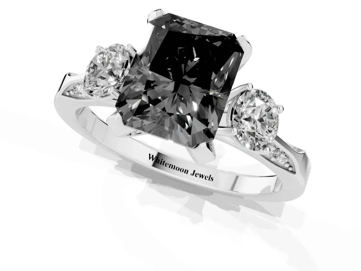 Fancy Black Radiant Cut Brilliant Three-Stone Diamond Ring with Pavé Band and Four-Prong Setting Platinum