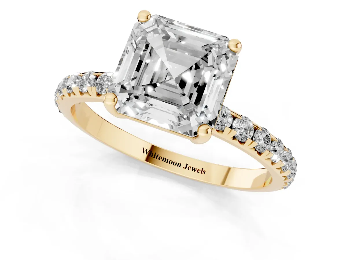 Asscher Cut Cut Diamond Solitaire Ring with Micro Pave Band and Four Prong Setting Yellow gold