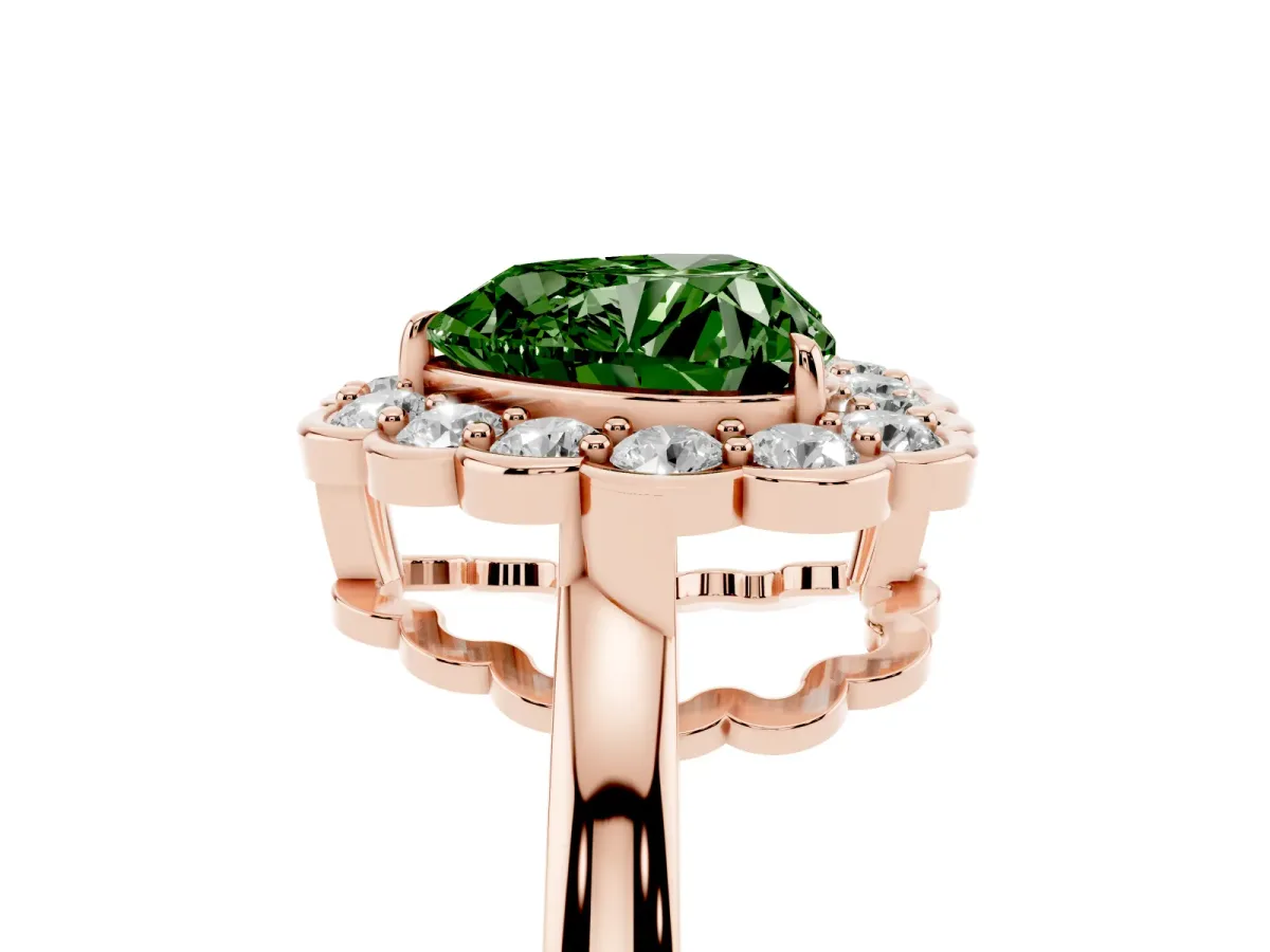 Fancy Green Heart Cut Halo Cluster Diamond Engagement Ring with Solitaire Band and Prong Setting Rose gold