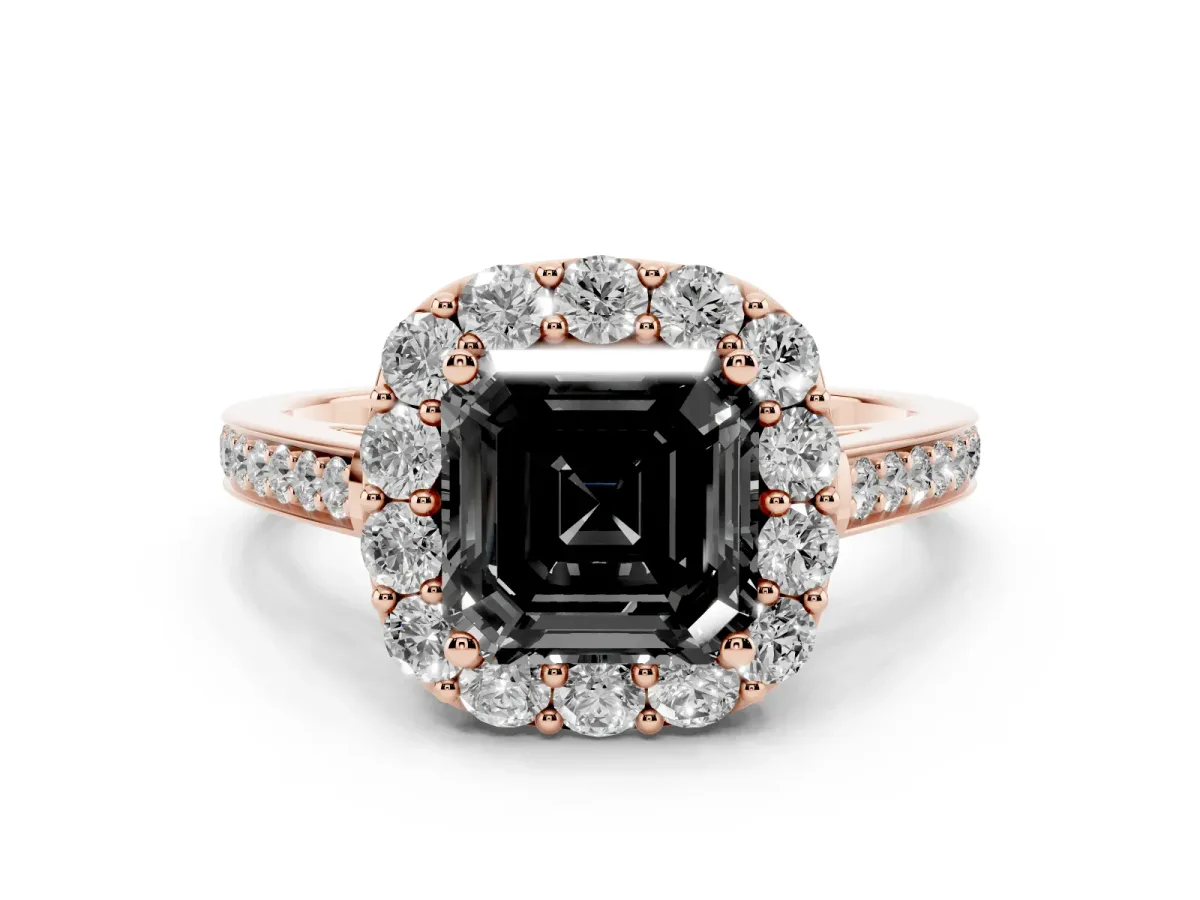 Fancy Black Asscher Cut Diamond Floral Halo Ring with Pavé Band and Prong Setting Rose gold