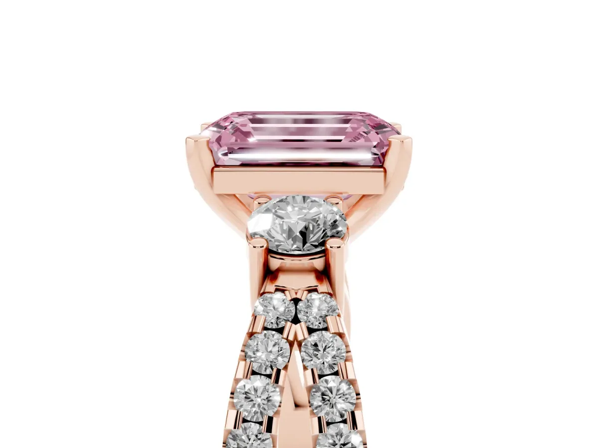 Fancy Pink Emerald Cut Diamond Three-Stone Ring with Pavé Split Shank and Four-Prong Setting Rose gold