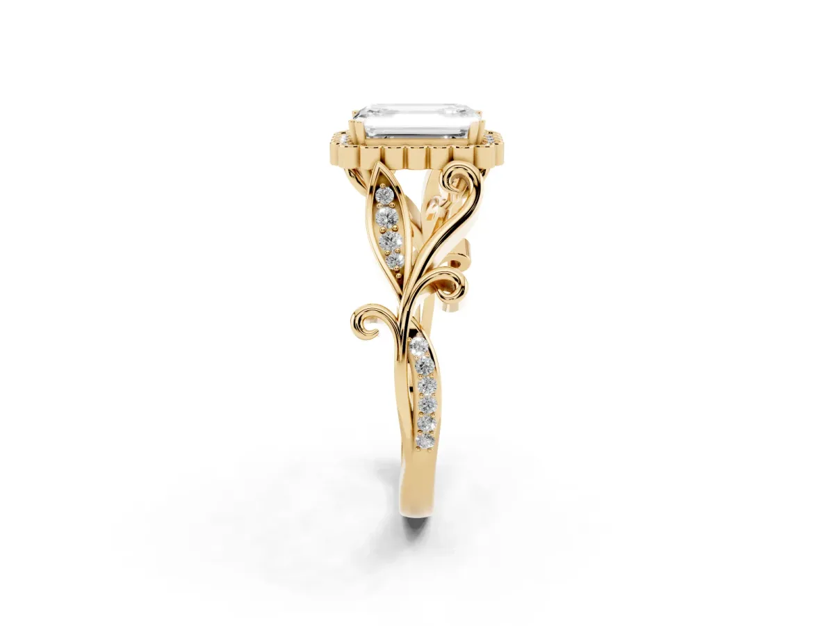 Emerald Cut Diamond Halo Ring with Vintage Split Shank and Four-Prong Setting Yellow gold