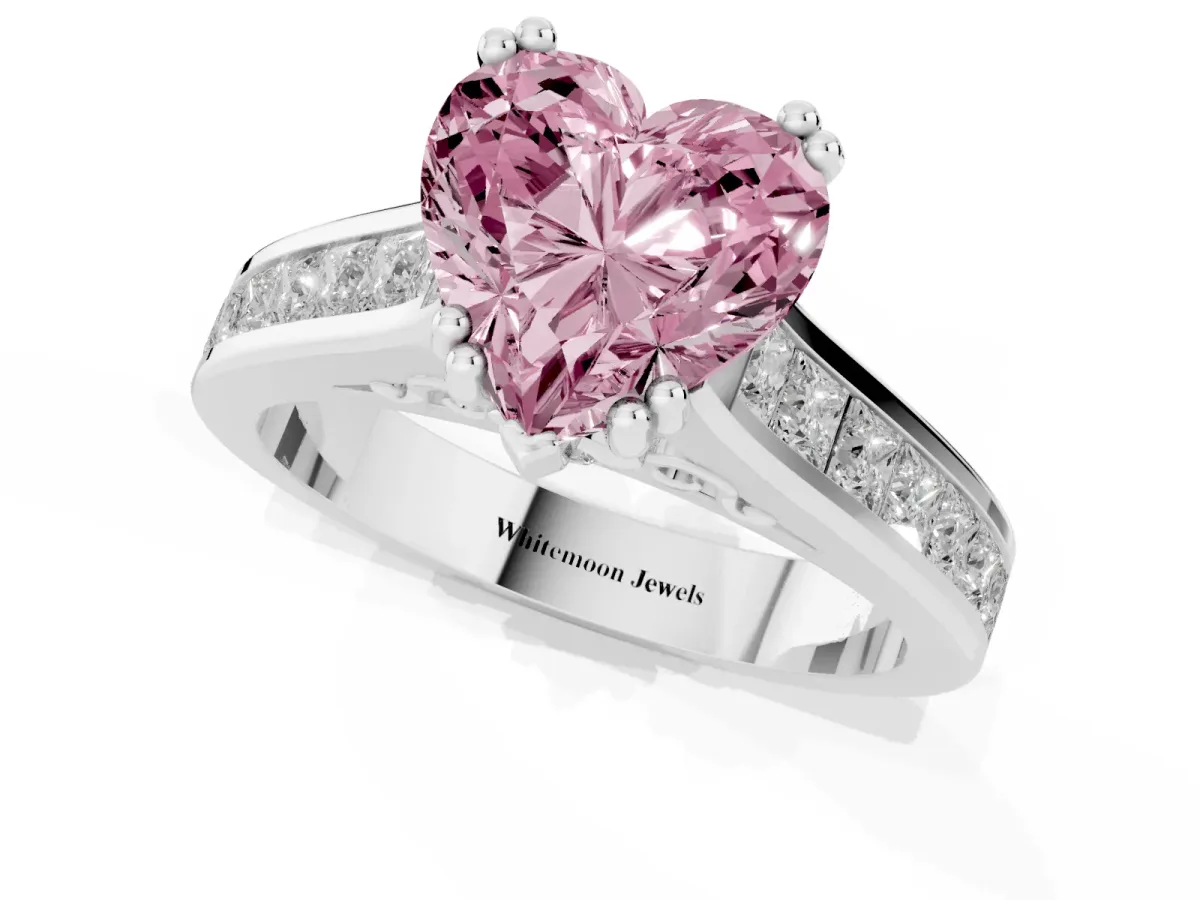 Fancy Pink Heart Cut Cut Channel Set Solitaire Engagement Ring with Prong Setting Silver