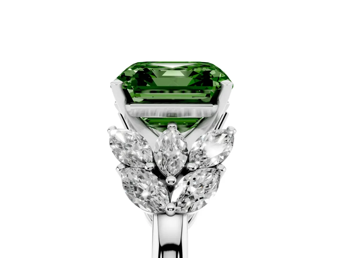 Fancy Green Asscher Cut Diamond Cluster Leaf Design Ring with Prong Setting Silver