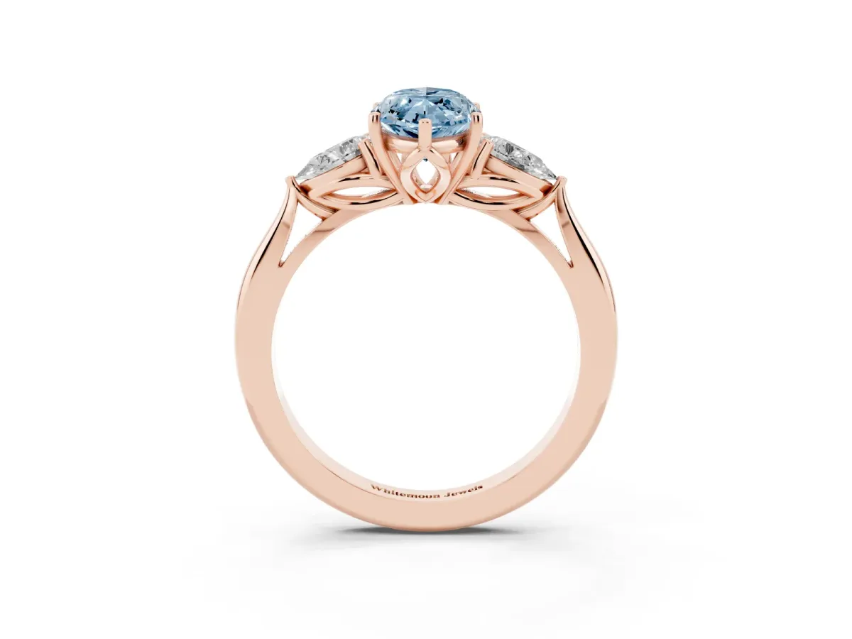 Fancy Blue Marquise Cut Diamond Three-Stone Ring with Pear Side Stones and Prong Setting Rose gold