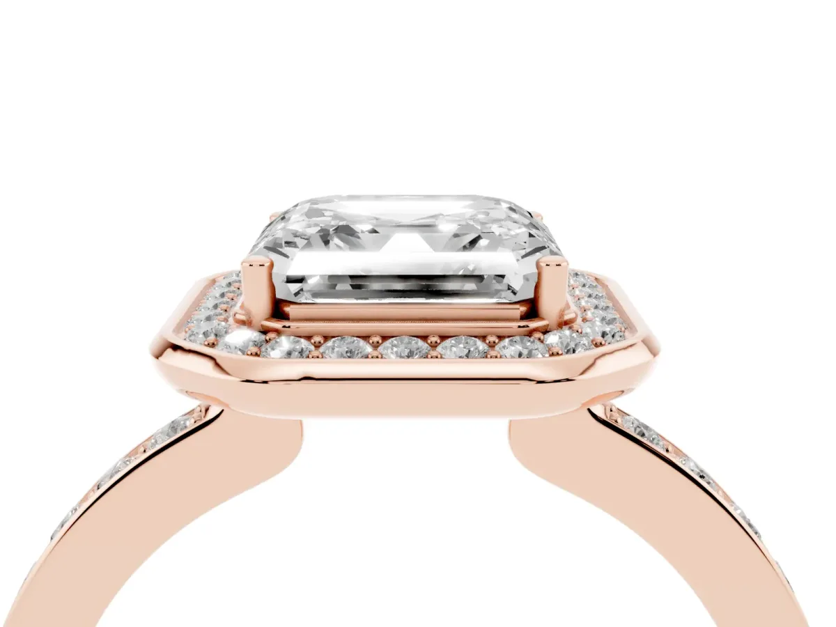Asscher Cut Diamond Halo Ring with Bezel Frame and Pavé Band Rose gold