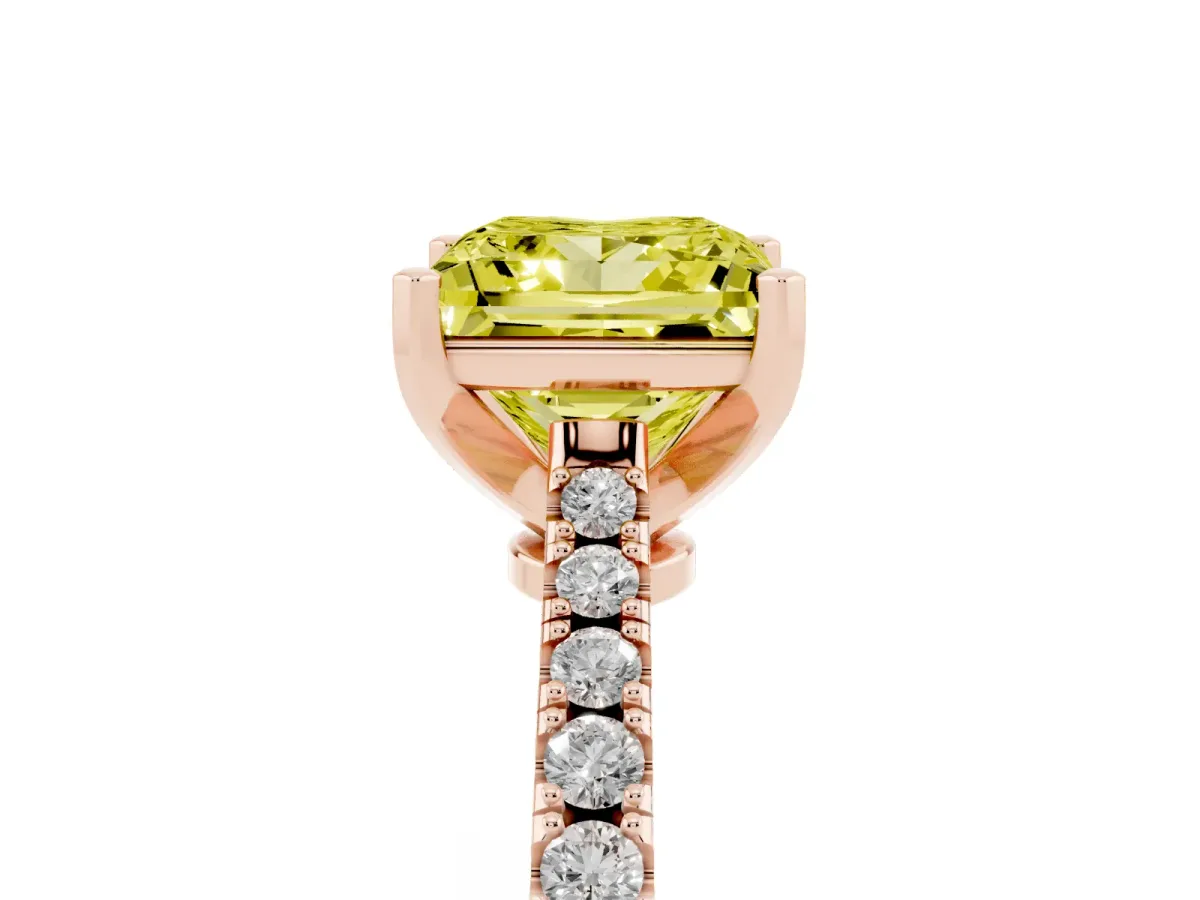 Fancy Yellow Princess Cut Cut Solitaire Diamond Engagement Ring with Pave Band and Four-Prong Setting Rose gold