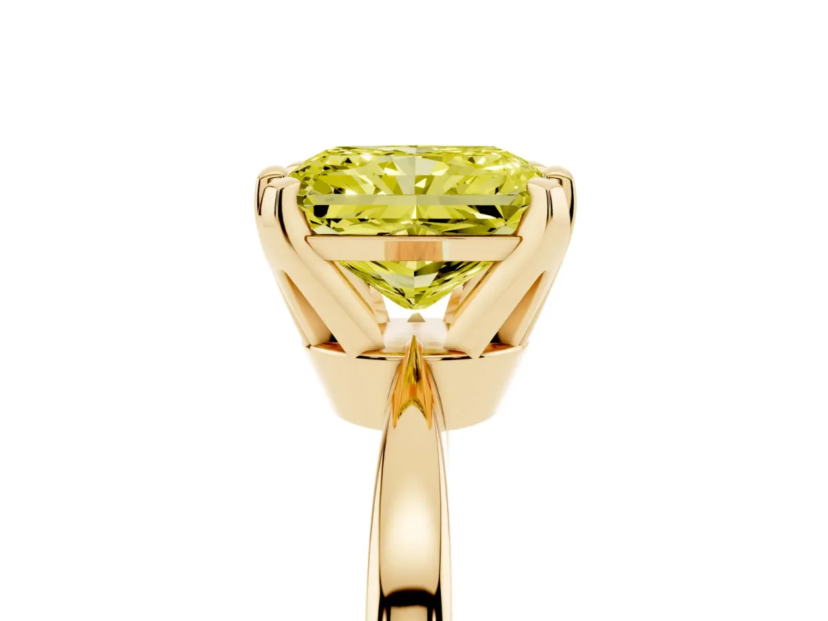 Fancy Yellow Radiant Cut Solitaire Engagement Ring with Six-Prong Setting and Tapered Band Yellow gold