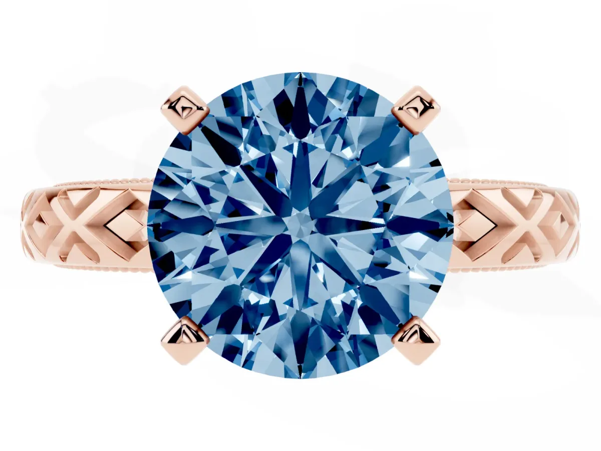 Fancy Blue Round Cut Solitaire Diamond Ring with Milgrain and Black Enamel X Pattern Band Rose gold