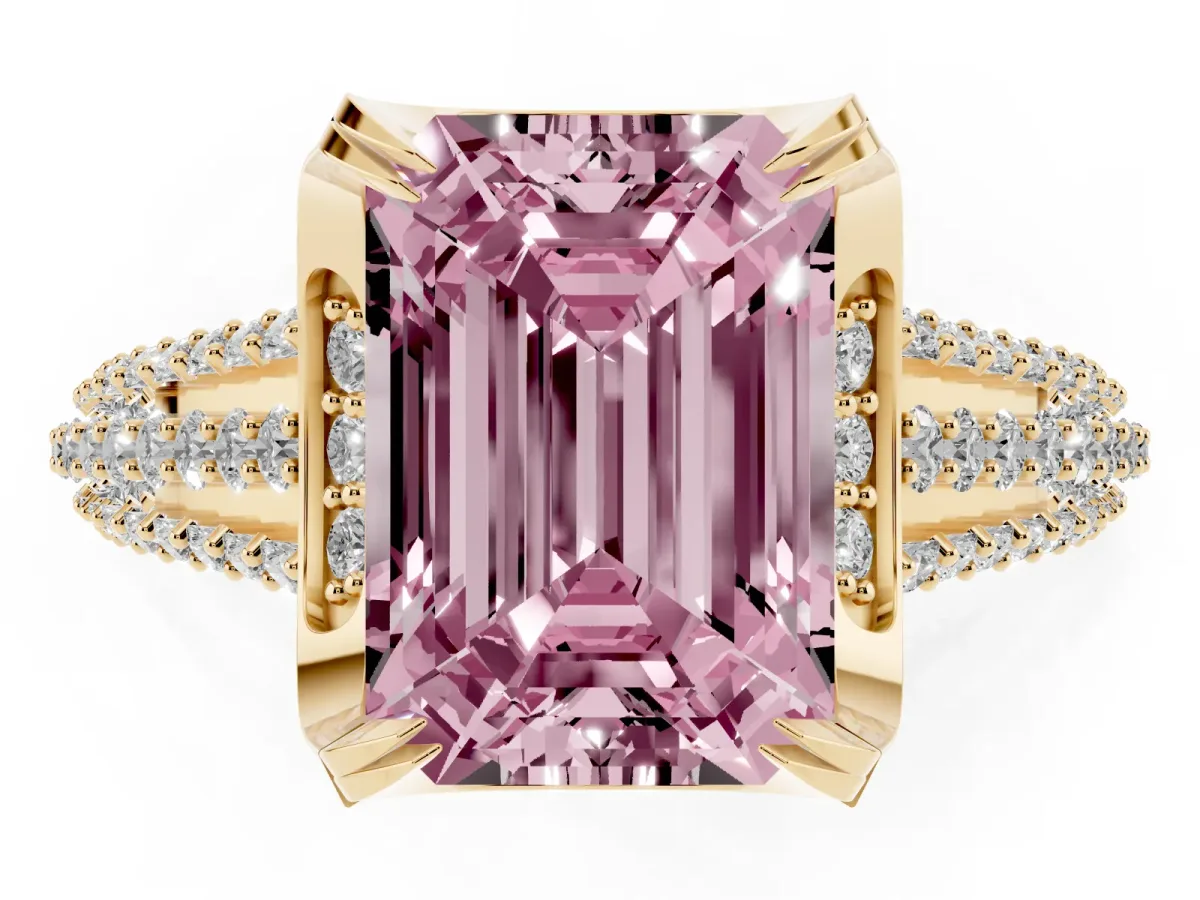 Fancy Pink Emerald Cut Solitaire Pave Split Shank Ring with Four-Prong Setting Yellow gold