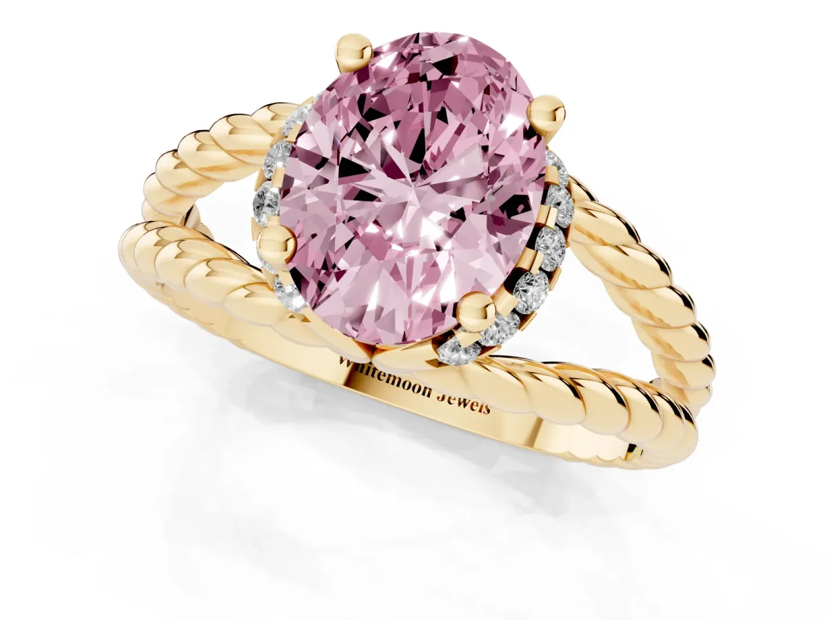 Fancy Pink Oval Cut Halo Twisted Band Four-Prong Ring Yellow gold
