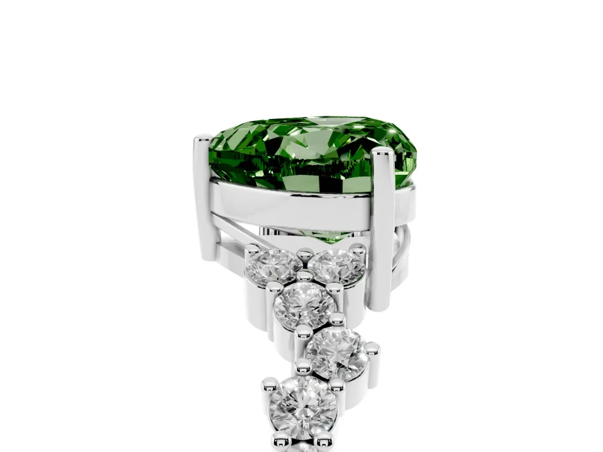 Fancy Green Heart Cut Diamond Scattered Round Accent Ring with Prong Setting White gold