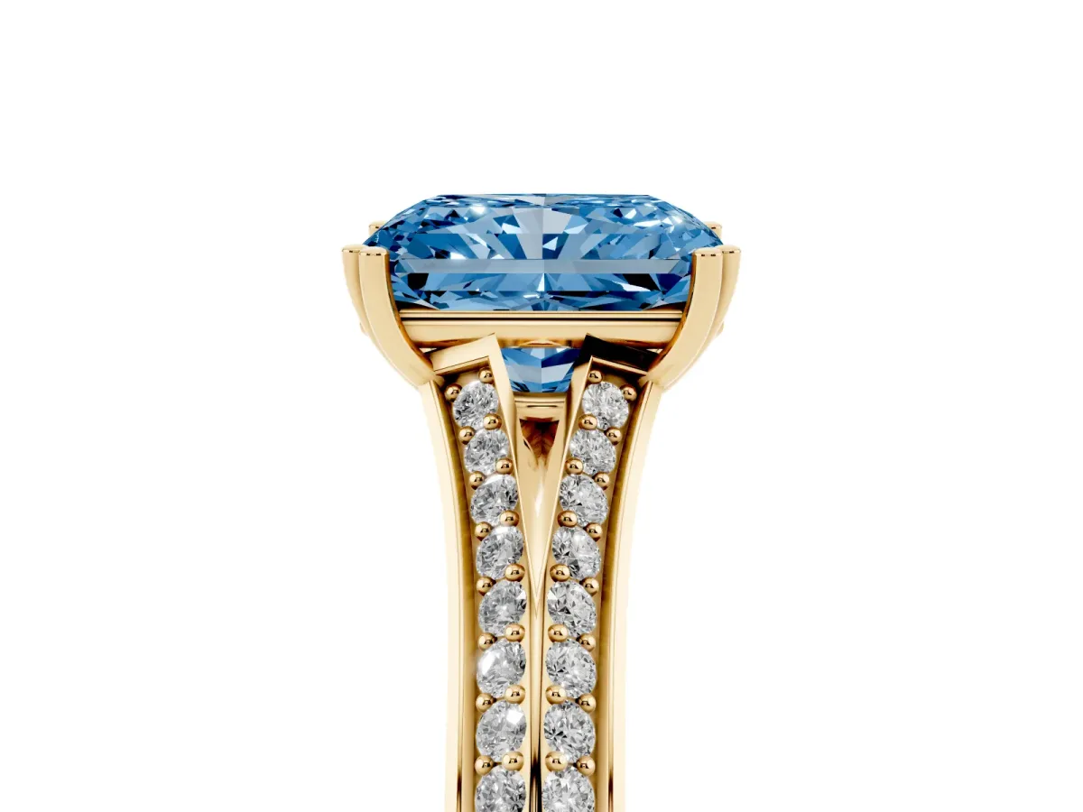 Fancy Blue Radiant Cut Diamond Split Shank Engagement Ring with Pavé Band Yellow gold