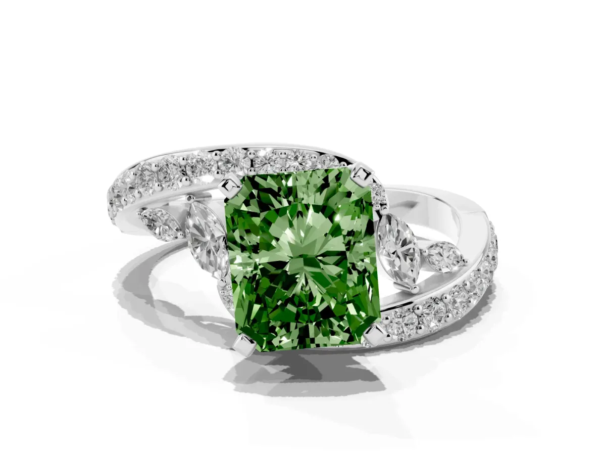 Fancy Green Radiant Cut Solitaire with Pavé Twist Band and Four-Prong Setting Platinum
