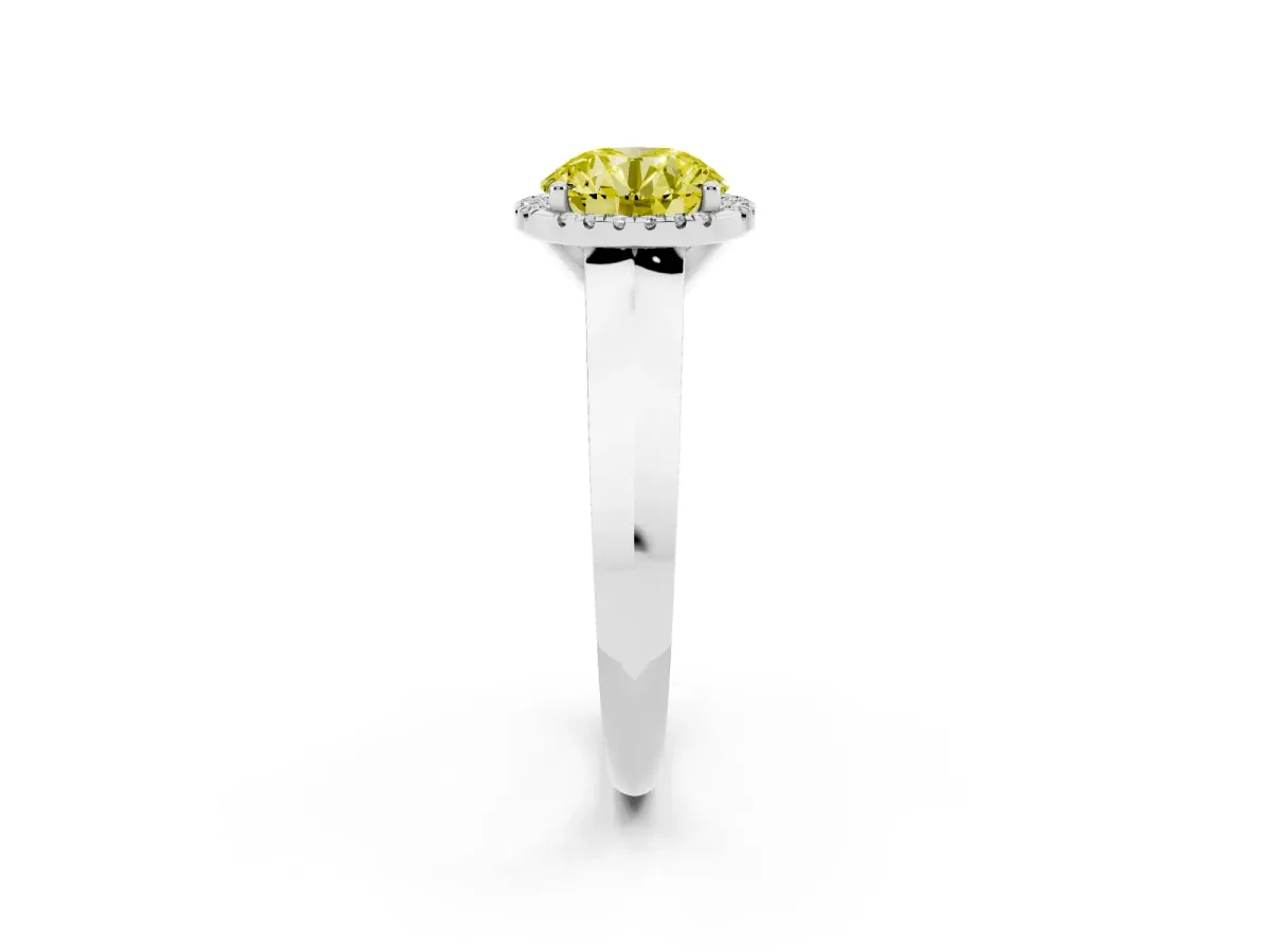 Fancy Yellow Round Cut Halo Diamond Ring with Cathedral Band and Four-Prong Setting Platinum