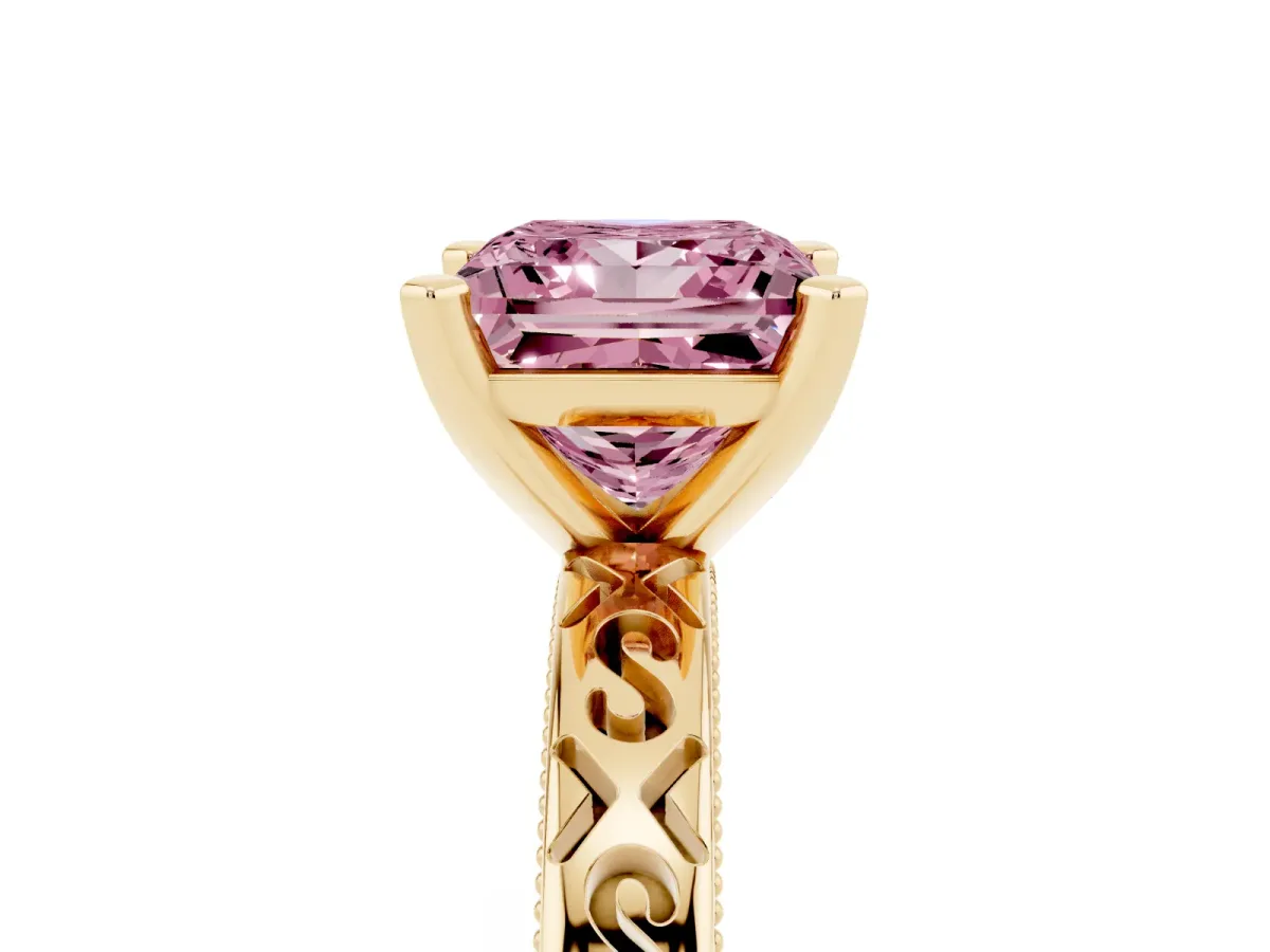 Fancy Pink Princess Cut Solitaire Engagement Ring with Scrollwork Band and Four-Prong Setting Yellow gold