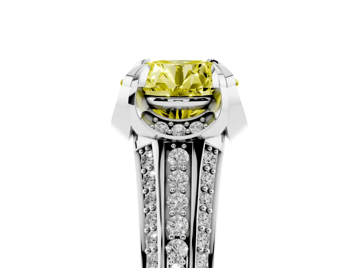 Fancy Yellow Round Cut Solitaire Pave Split Shank Ring with Four-Prong Setting Platinum