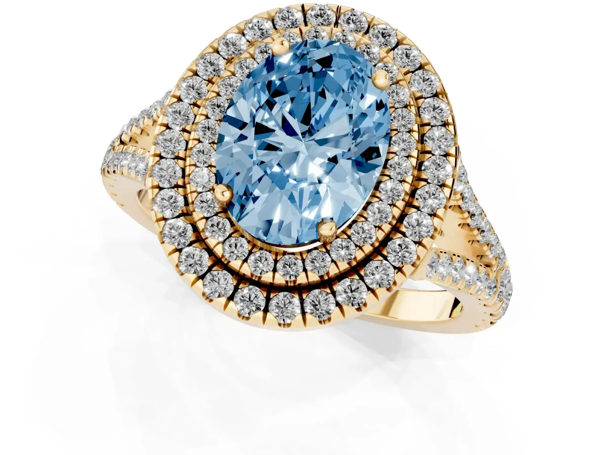 Fancy Blue Oval Cut Diamond Double Halo Ring with Pavé Band and Prong Setting Yellow gold