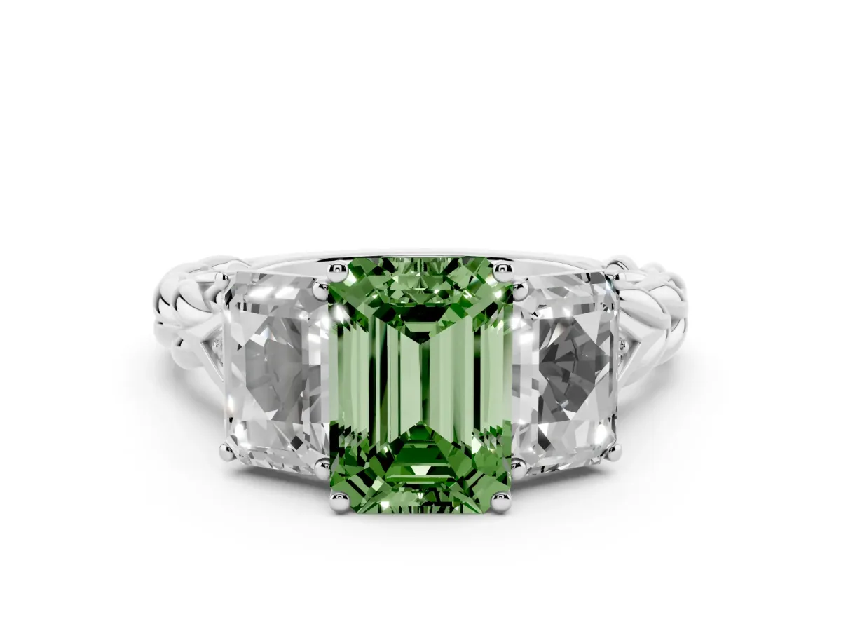 Fancy Green Three-Stone Radiant Cut Diamond Braided Band Ring with Four-Prong Setting Silver