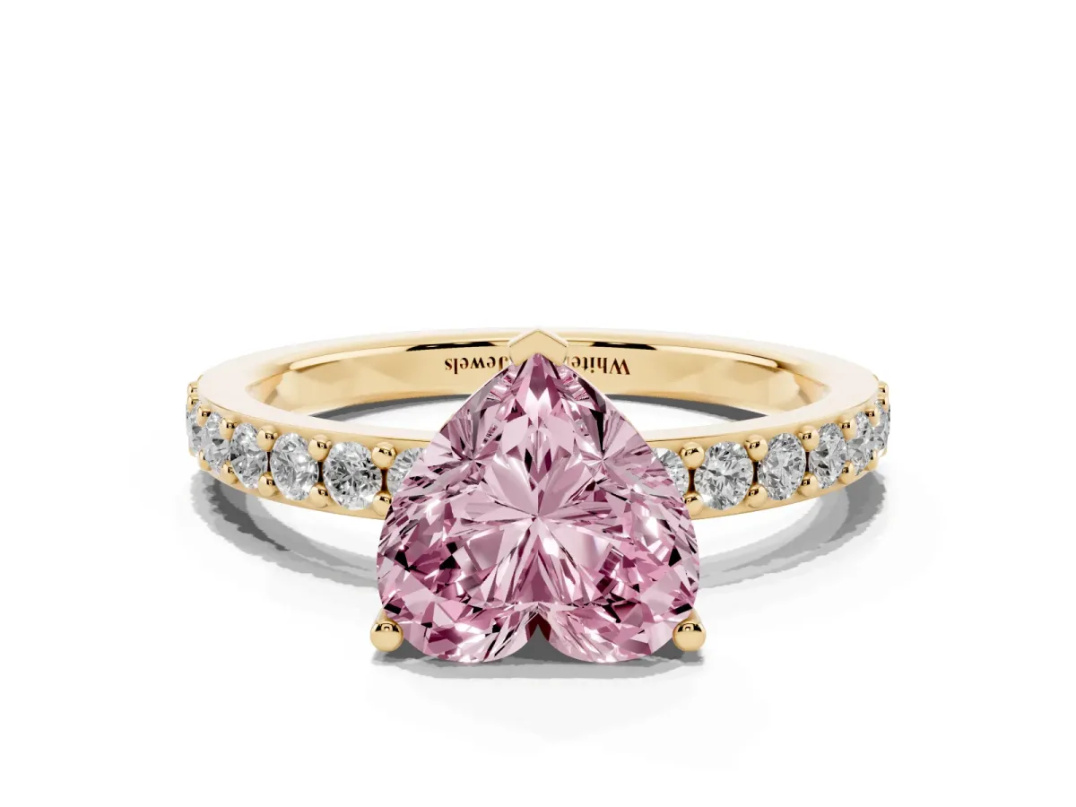Fancy Pink Heart Cut Cut Diamond Solitaire with Pave Band and Four-Prong Setting Yellow gold