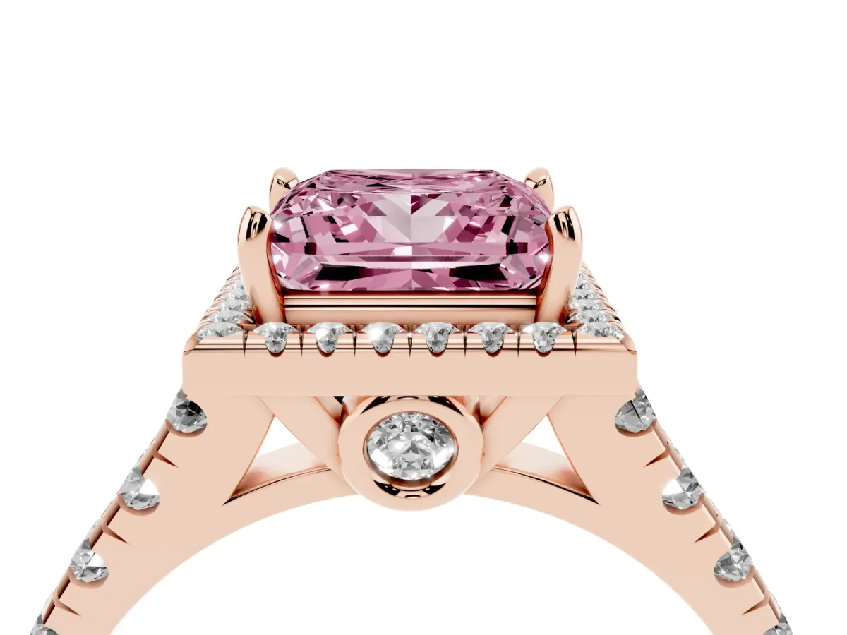 Fancy Pink Princess Cut Halo Pavé Diamond Engagement Ring with Four-Prong Setting Rose gold