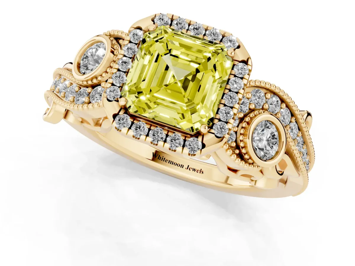 Fancy Yellow Asscher Cut Halo Diamond Ring with Milgrain and Bezel Accents on a Split Shank Band Yellow gold