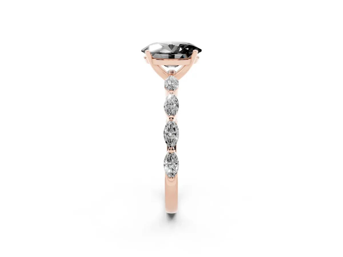 Fancy Black Oval Cut Diamond Ring with Marquise Side Stones and Prong Setting Rose gold