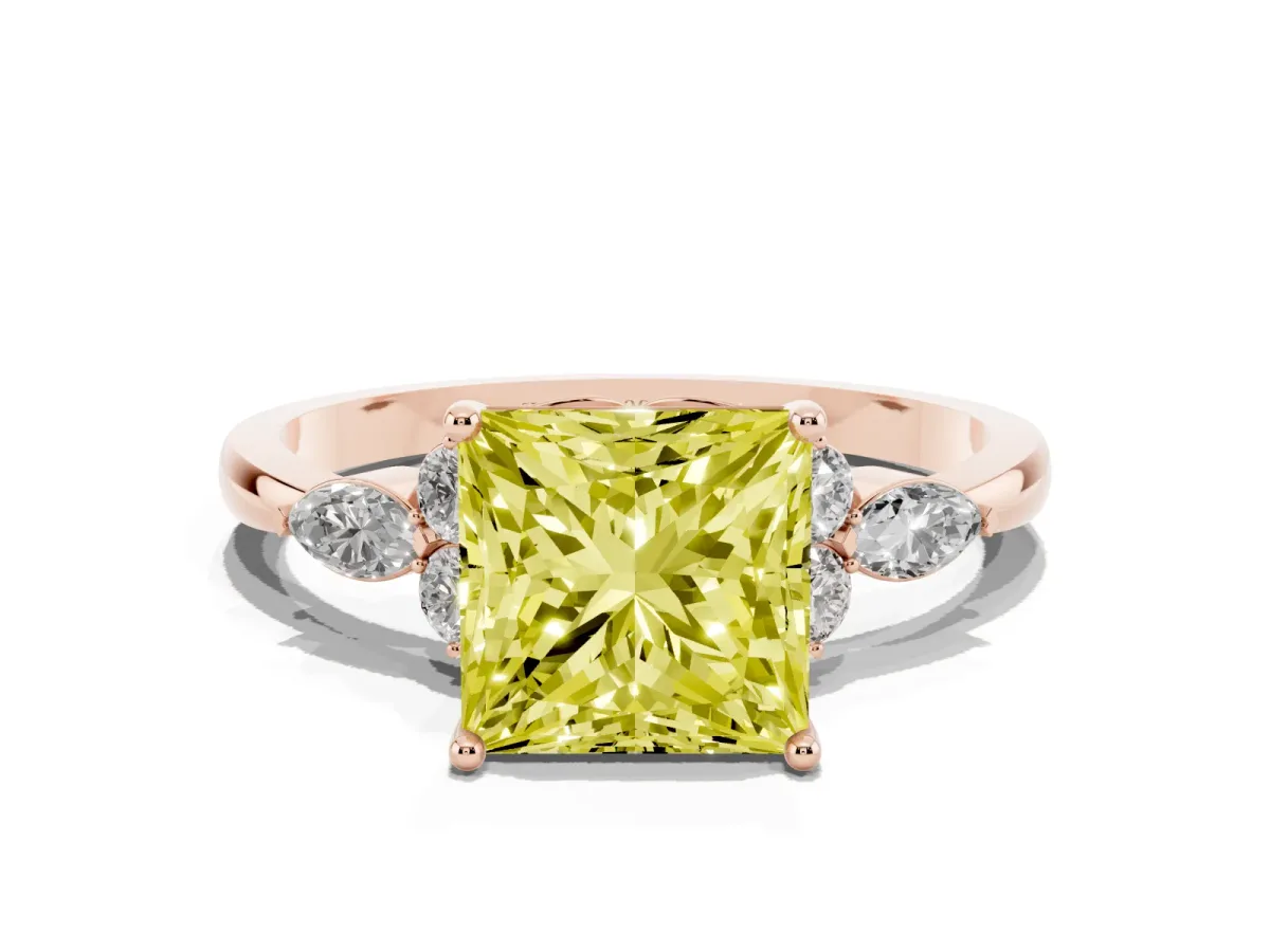 Fancy Yellow Princess Cut Brilliant Diamond Solitaire Ring with Pear Side Stones and Four-Prong Setting Rose gold