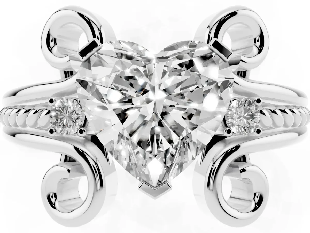 Heart Cut Solitaire Twisted Band Scroll Prong Ring Silver