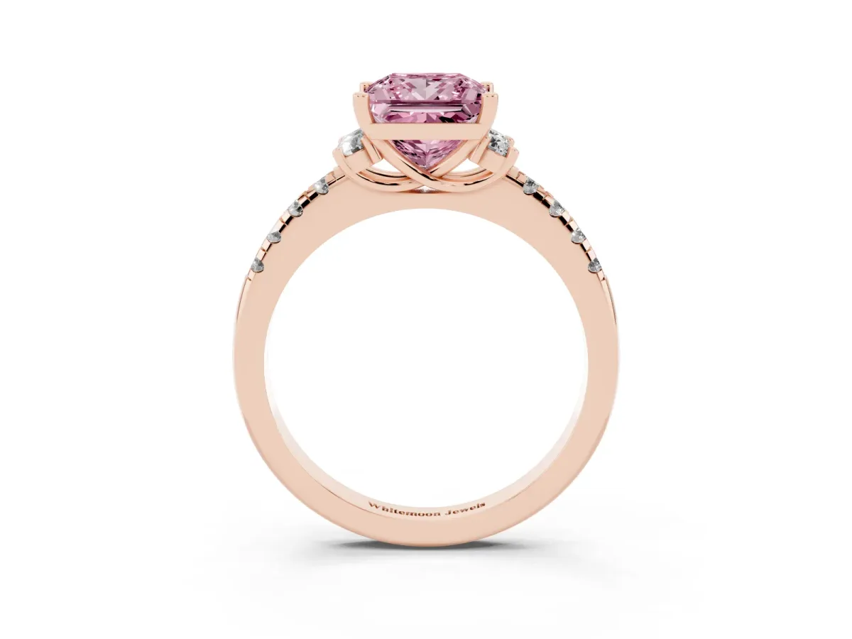 Fancy Pink Princess Cut Diamond Three-Stone Pave Band with Four-Prong Setting Rose gold
