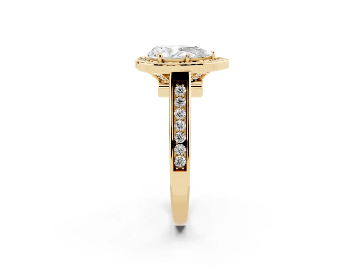 Pear Cut Halo Solitaire Diamond Ring with Pave Band and Bezel Setting Yellow gold