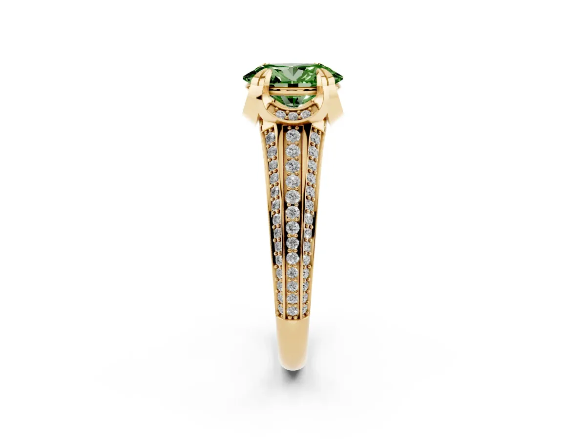 Fancy Green Oval Cut Solitaire Pave Split Shank Ring with Four-Prong Setting Yellow gold