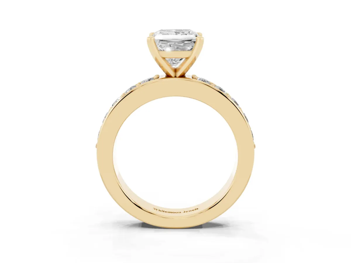 Princess Cut Diamond Engagement Ring with Channel Set Round Band and Prong Setting Yellow gold
