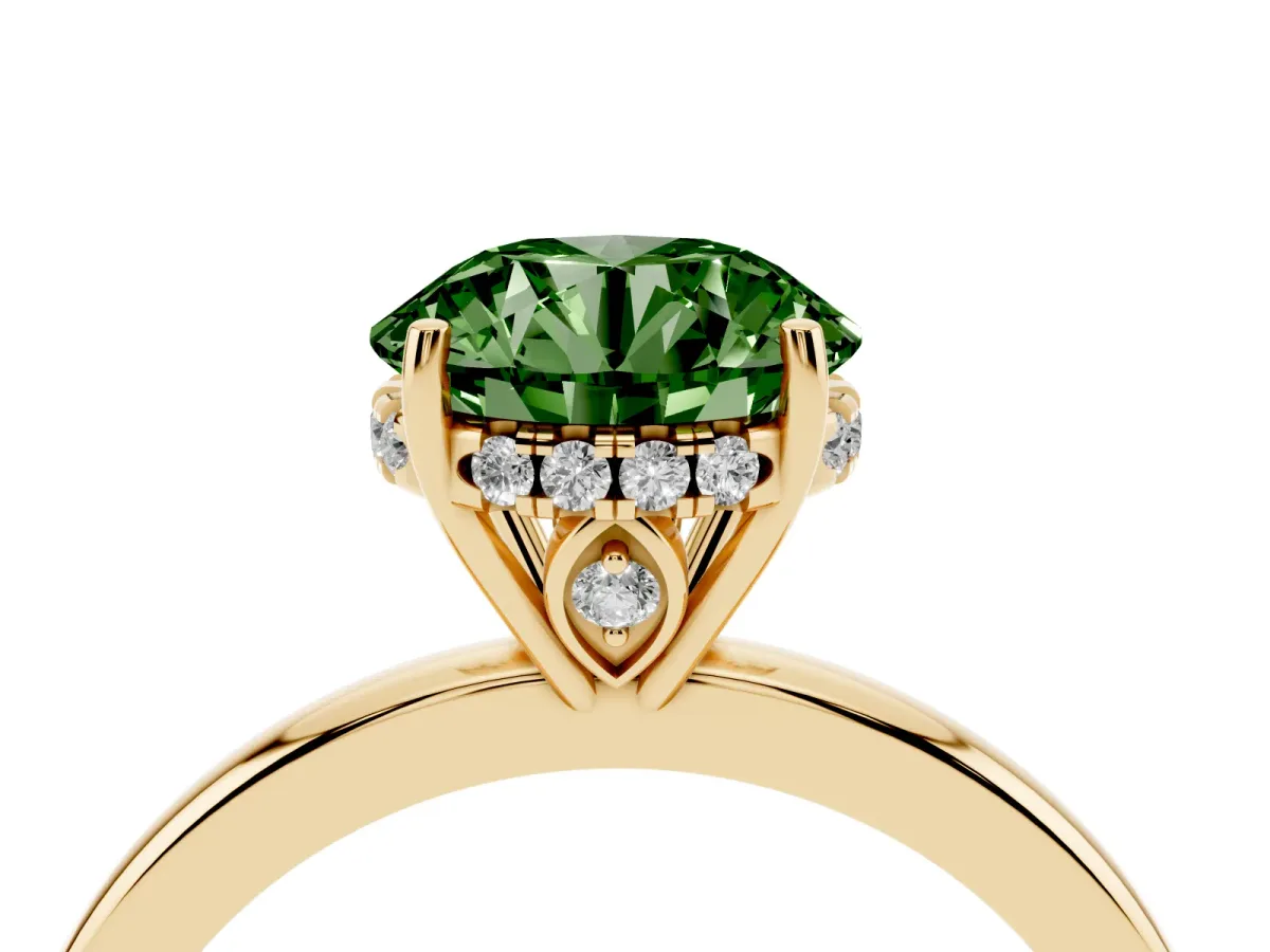 Fancy Green Round Cut Solitaire Diamond Ring with Prong Setting and Plain Band Yellow gold